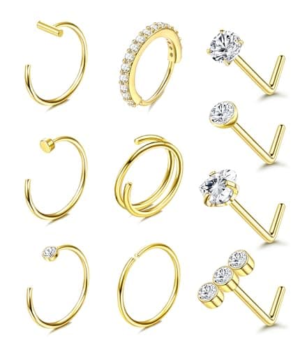 14K Gold Filled Nose Ring Studs 20G Nose Rings Hoops Stud 316L Stainless Steel Nose Rings Round CZ Heart L Shaped Nose Stud Hypoallergenic Nostril Piercing Jewelry for Women Men 10Pcs
