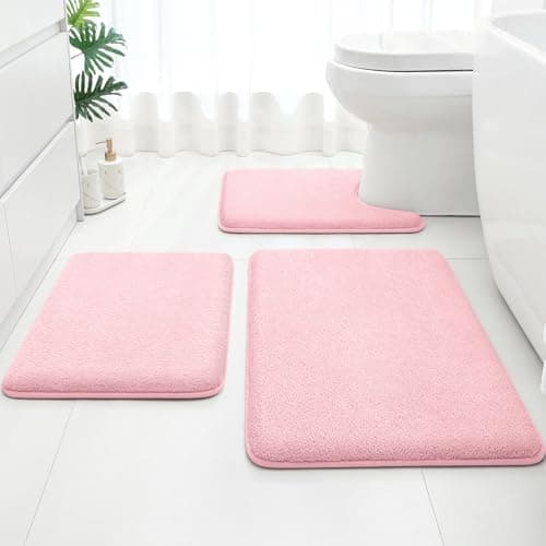 HOMEIDEAS Upgraded Bathroom Rugs Set 3 Piece, Extra Thick Absorbent Soft Memory Foam, Washable Toilet Bath Mat (Light Pink,17"x24"+20"x32"+U Shape 20"x24")
