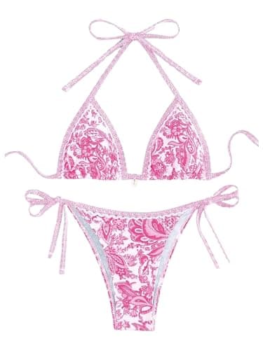 WDIRARA Women's 2 Piece Boho Swimsuits Floral Print Halter String Triangle Bikini Set Beach Bathing Suit Pink Medium