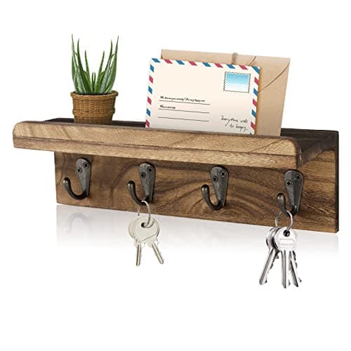 HRONRAD Rustic Key Holder for Wall, Farmhouse Wall Shelf with 4 Hooks, Wall Mounted Key Racks, Wooden Mail Organizer with Hooks for Entryway (Brown)