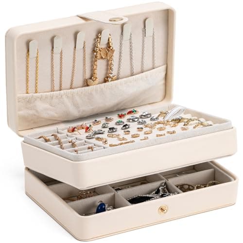 MODENGKONGJIAN Jewelry Organizer Box, 2-Layer Large Jewelry Storage Case, Portable Travel Jewelrys Display Holder for Earrings, Necklaces, Bracelets (Beige, PU Leather)