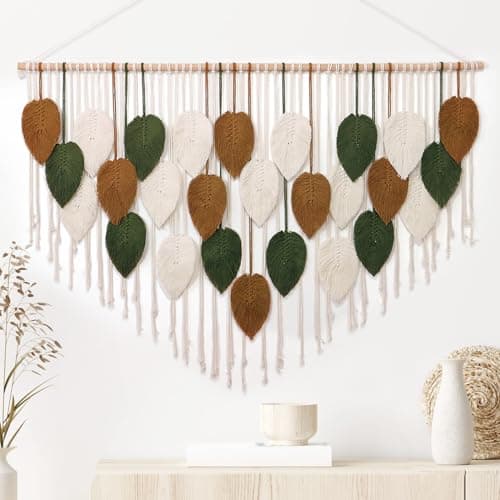 KHOYIME Large Macrame Wall Hanging Boho Woven Tapestry, Chic Home Decor Modern Bohemian Handmade Leaf Feather Wall Art Decorations for Apartment Living Room Bedroom Nursery Backdrop 51.5" W X 33.5" L