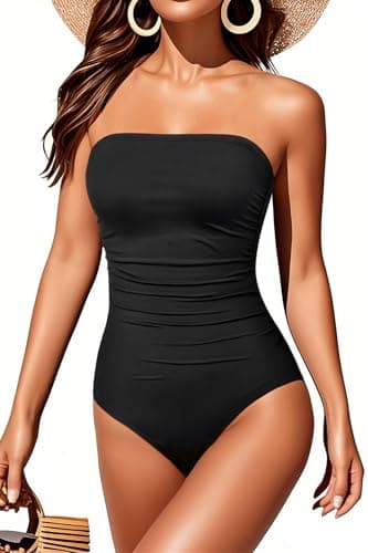 Holipick Women Black One Piece Swimsuits Tummy Control Bathing Suits Halter Strapless Bandeau Swimwear M