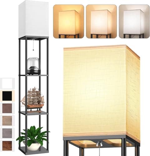 Floor Lamp with Shelves for Living Room, Shelf Floor Lamp with 3 CCT LED Bulb, Corner Display Standing Column Lamp Etagere Organizer Tower Nightstand with White Linen Shade for Bedroom, Office