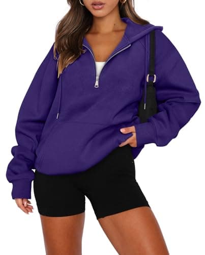 onlypuff Crewneck Sweatshirts Women Long Sleeve Kangaroo Pocke Hoodies Half Zipper Loose Purple Hooded Tops L