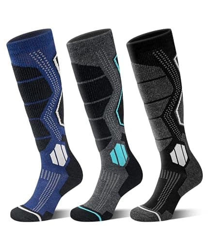 Best Ski Socks #2 from YESWEL YESWEL Merino Wool Ski Socks For Men & Women, Thermal Warm, Snowboard & Skiing, Over The Calf, 2/3 Pairs (Medium, Multicolor01(Black, Darkgrey, Blue))