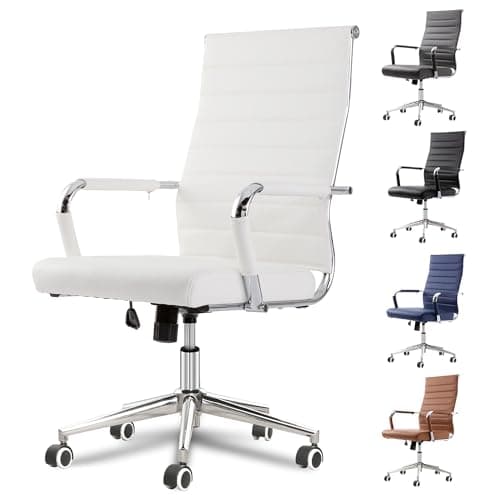 Okeysen White Office Desk Chair, Ergonomic Leather Modern Conference Room Chairs, Executive Ribbed Height Adjustable Swivel Rolling Chair for Home Office.