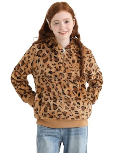 AlisOker Girls 1/4 Zip Up Fuzzy Fleece Pullover Hoodies Casual Loose Sweatshirt with Pockets Sherpa Hooded Outwear Coat Brown Leopard