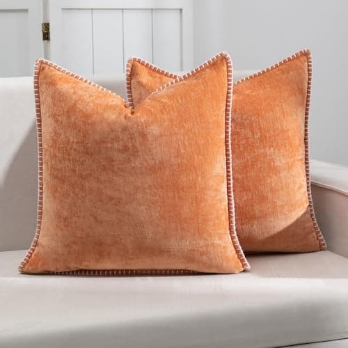 HOSHEN HOME Decorative Throw Pillow Covers Pack of 2, 18x18 in Chenille Soft Pillow Covers with Stitched Edge, Farmhouse Neutral Euro Decorative Pillows for Bed Couch Sofa Home Decor, Orange