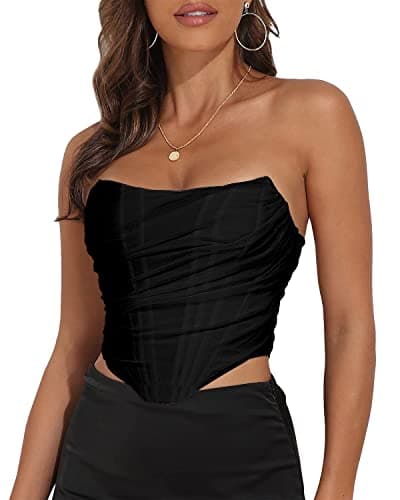 Women's Vintage Strapless Open Back Boned Mesh Bustier Zip Back Corset Bodyshaper Crop Top (Black, 6-8)