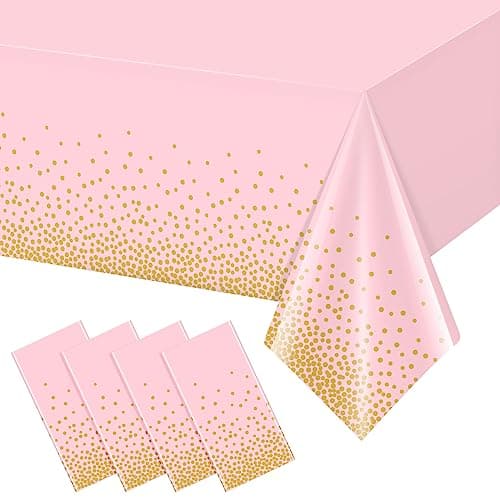 FunnyPars 4 Pack Pink and Gold Plastic Tablecloth for Parties, Pink Disposable Table Cloth for Rectangle Tables, Gold Dot Confetti Light Pink Tablecloth for Birthday Wedding Baby Shower Party, 54x108