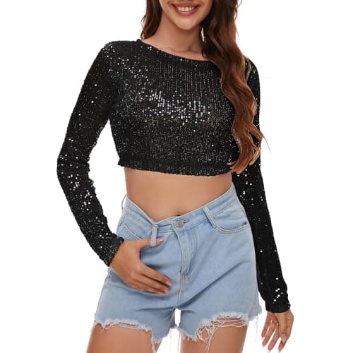 Sequin Crop Top Long Sleeve Sequin Top Sparkle Crop Top for Disco Rave Concert Black