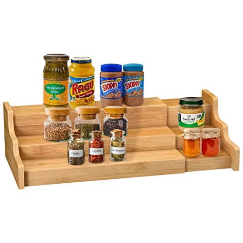 Spice Rack Kitchen Cabinet Organizer- 3 Tier Bamboo Expandable Display Shelf Yellow