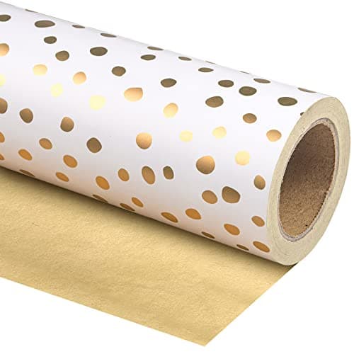 WRAPAHOLIC Reversible Wrapping Paper - Mini Roll - 17 Inch X 33 Feet - Gold Print and Delicate Polka Dots Design for Birthday, Christmas, Wedding, Baby Shower