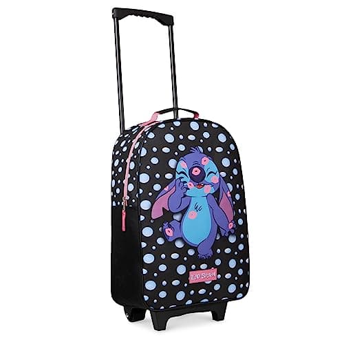 Disney Kids Rolling Luggage 16×11 in, 16‑L Carry‑On Suitcase with Wheels, Foldable Lightweight Travel Bag, Gifts for Kids(Black Stitch)