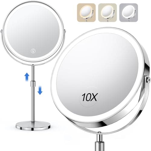 10x Large Lighted Makeup Mirror, Rechargeable 8" Height Adjustable Vanity Mirror, 1x/10x Magnifying Mirror with 3 Color, 360° Rotation Double Sided Mirror, One Week Use Per Charge, Gift for Women