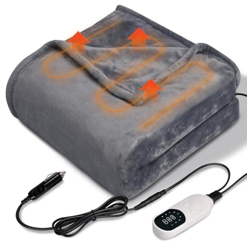 12V Heated Car Blanket Flannel Gentle Soft with 3 Time 9 Heating Settings Portable Electric Automobile Heating Throw Warm Gifts for Winter SUV RV Camping Essentials 59”x39”
