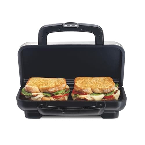 Proctor Silex Deluxe Hot Sandwich Maker With Easy-Clean Durable PFAS-Free Nonstick Ceramic Plates, Fits up to 2 Grilled Cheese, Ruebens, Tortas or Subs, Stainless Steel (25415MN)