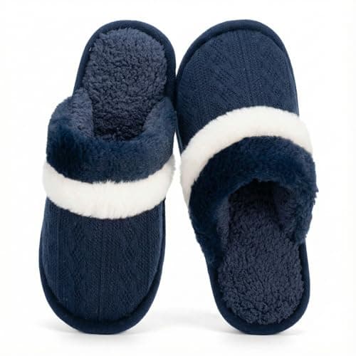 ROPULP House Slippers for Women Indoor and Outdoor Comfy Fuzzy Shoes with Memory Foam Anti-Skid Sole Gifts for Mom Ladies, Navy Blue,40/41