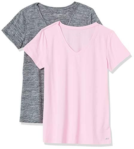 Amazon Essentials Women's Active Quick Dry Tech Stretch Short-Sleeve V-Neck T-Shirt (Available in Plus Size), Pack of 2, Grey Space Dye/Light Pink, X-Large
