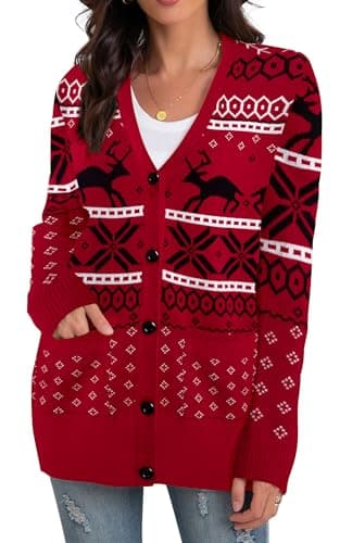 Ugly Christmas Sweater for Women Christmas Cardigans Funny Xmas Open Front Button Down Knit Coat Outwear Red