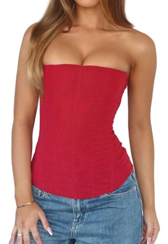 Luckinbaby Women Y2k Strapless Bustier Corset Back Zip Mesh Boned Bodyshaper Tube Top Sexy Going Out Bustier Tops(Red,S)