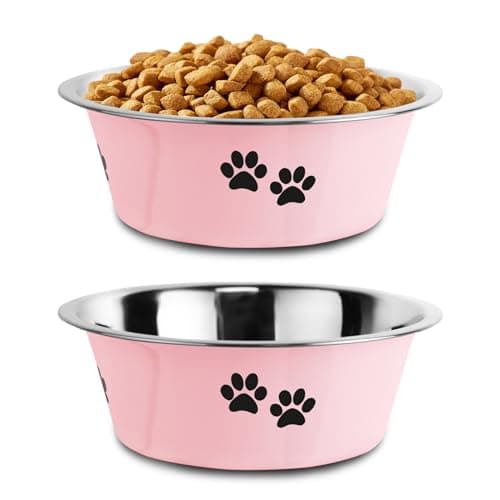 Stainless Steel Dog Bowls, Nonslip Rubber Bottom No Spill Proof Skid Metal Insulated Dog Bowls for Large Medium Small Breed Dogs (Pink, 3.6 Cups/29 OZ)