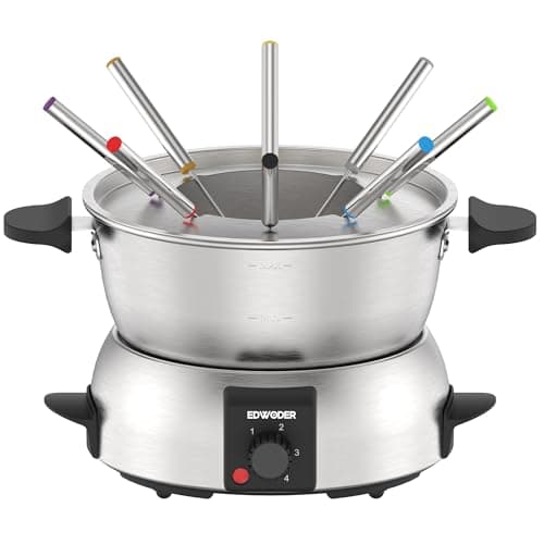 Electric Fondue Pot Set,2-Quart 1000-Watt Stainless Steel Fondue Maker with Temperature Control,8 Forks,Perfect for Chocolate, Cheese, Caramel
