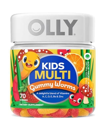 OLLY Kids Multivitamin Gummy Worms, Overall Health and Immune Support, Vitamins and Minerals A, C, D, E, Bs and Zinc, Chewable Supplement, Sour Fruit Punch, 45 Day Supply (70 Count)