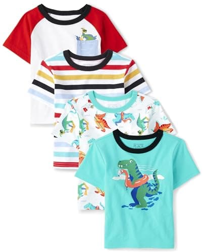The Children's Place Baby Boys and Toddler Short Sleeve Knit 4-Pack Shirt, Aegean Sea|White|white2, 2T US