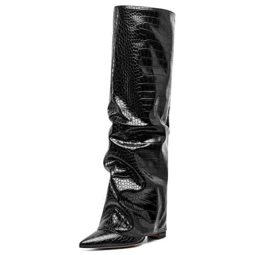 SaraIris Women's Shark Boots - Black Knee High Pointed Toe Fold Over Chunky Slouchy Boots