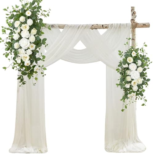 Fsslower Artificial Wedding Arch Flowers Kit(Pack of 4), 2 Pcs Floral Arrangement with 2 Pcs Fabric Drap for Arch Decorations Wedding Decor Ceremony Arbor Reception Backdrop for DIY（Cream & White