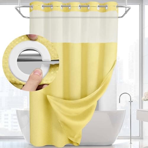 YellyHommy No Hook Shower Curtain with Snap in Liner Set Less Time Yellow Waffle Shower Curtain for Bathroom 75" L x 72" W Yellow