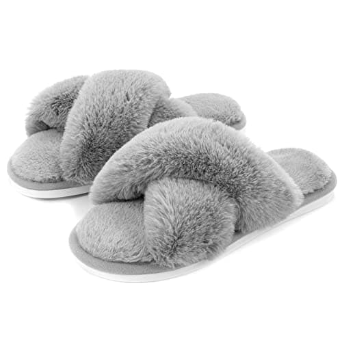 Metog Women's Fuzzy Slippers House Slippers Cross Band Slippers Indoor Outdoor Soft Plush on Open Toe Slippers, Grey, 7-8 Women