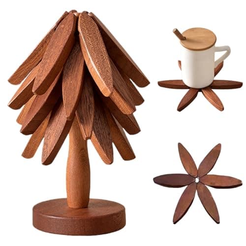 Wooden Trivets for Hot Dishes,Tree Shape Trivet Set,4 Wooden Trivets+1 Stand,Trivets for Hot Dishes,Natural Foldable Kitchen Wooden Trivet,for Hot Dishes、Pot、Bowl、Teapot、Hot Pot Holders(Black Walnut)