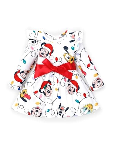 Disney Minnie Mouse Mickey Mouse Toddler Girl Dress Christmas Full Print Bow Tie Long-Sleeve Tutu Dresses Christmas Birthday Gift Red White 3-4T