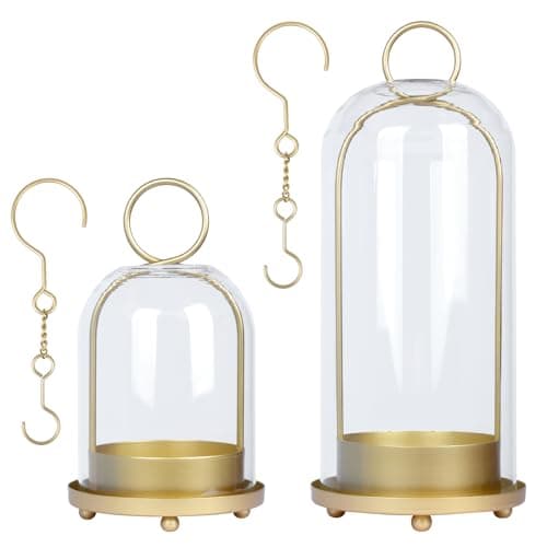 Fohil 5" & 4" Hurricane Glass Candle Holders, Set of 2 Metal Candle Holder with Handmade Sturdy Glass Dome, Candle Lantern for Pillar Candles, Plants, Table Centerpiece, Home Decor