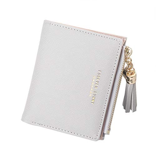 Belsmi Women's Small Compact Slim Leather Mini Wallet Lady Purse Zipper Pocket Card Organizer Bifold Wallets (Grey)