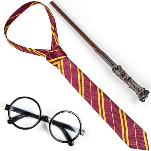 Kiddokids Wizard Costume Accessories Set - Black Nerd Glasses, Striped Tie & Magic Wand - Cosplay Props for Kids & Adults, Halloween Party, Classroom Role Play, Stage Performance, School Dress Up