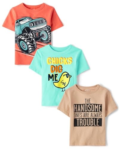 The Children's Place,Baby-Boys,and Toddler Vehicle Short Sleeve Graphic T-Shirts,multipacks,Chick/Handsome/Monster Truck 3-Pack,18-24 Months
