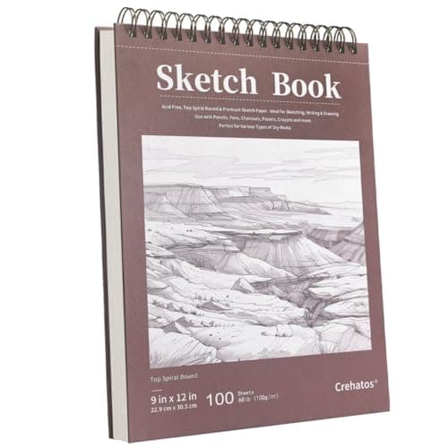 Crehatos 9" x 12" Sketch Book, Top Spiral Bound Sketch Pad, 100 Sheets 68lb/100gsm Drawing Paper, 1 Pack