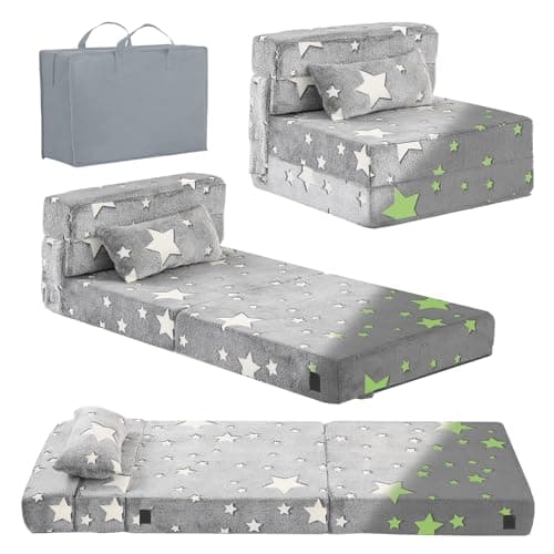 Tiita Kids Folding Sofa Bed Floor Mattress, Trifold Futon Mattress Kids Fold Up Bed, Toddler Fold Out Couch, Foldable Toddler Floor Bed Nap Mat with Storage Bag, Grey Star