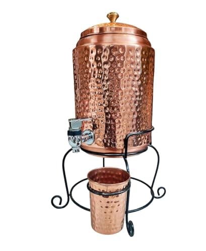 100% Pure Copper Water Dispenser With Copper Glass 5 LTR Capacity | 218 Oz Hammered Copper Water Dispenser with Tap & Stand Copper Water Storage Tank