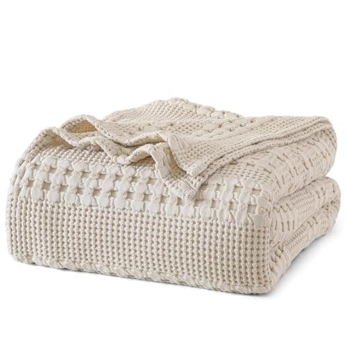 PHF 100% Cotton Waffle Weave Blanket Queen Size for Bed, Soft Lightweight & Breathable, All-Season Comfort, Luxury Aesthetic Christmas Blanket for Home Decor, 90"x90", Oatmeal