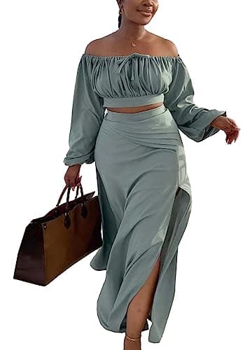 Vakkest Womens Summer Boho Dress Set 2 Piece Sexy Off Shoulder Crop Top Long Sleeve High Waisted Flowy Split Long Skirt Set