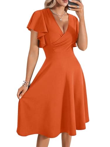 LYANER Women's Deep V Neck Ruffle Short Sleeve Wrap Swing A Line Flared Cocktail Party Midi Dress Orange Small