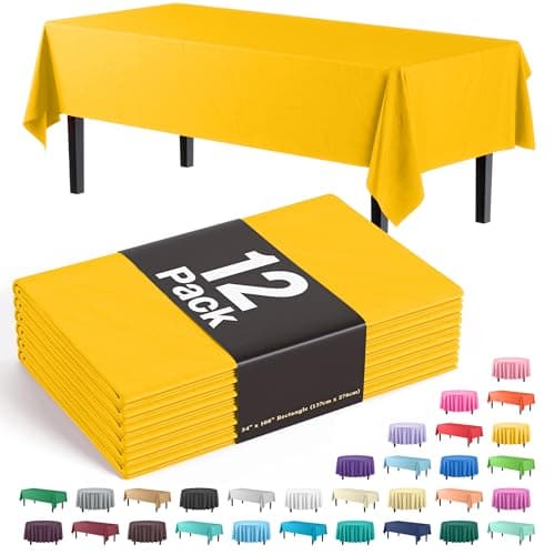Exquisite 12-Pack Premium Plastic Tablecloth 54in. x 108in. Rectangle Table Cover - Yellow