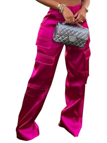 Satin Cargo Pants for Women Metallic Silk Casual Multi Pockets Long Straight Trousers (Hot Pink, XL)