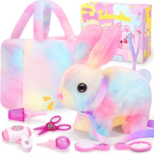 NINAOR Plush Interactive Bunny Toys for Kids with Tote Bags,Stuffed Robot Pet Rabbit with Leash Hopping Wiggle Ears Pretend Play,Realistic Cute Fidget Toys for Toddler Stocking Stuffers Birthday Gifts