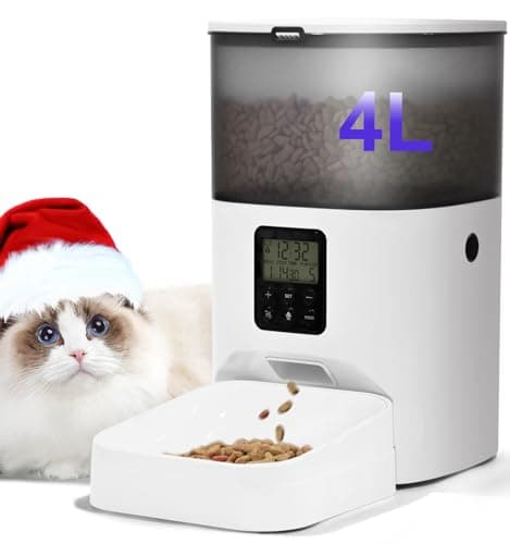 Automatic Cat Feeder, 4L Cat Food Dispenser with 10s Voice Recorder, Pet Feeder up to 8 Meals per Day, Timed Cat Feeder with Dry Food Sealed Ring (White, 4L-Basic)